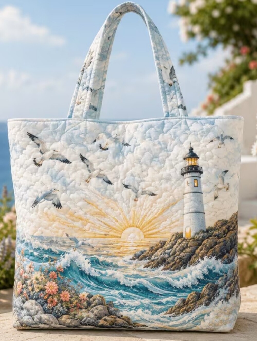 Coastal Lighthouse Quilted Tote Bag in Blue and White